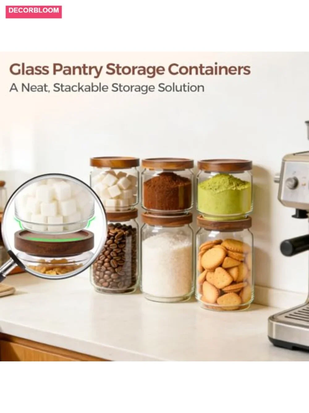 Glass Pantry Storage Container Set with Acacia Wood Lids, Airtight Stackable